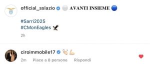 Il commento di Immobile sotto la foto del rinnovo di Sarri
